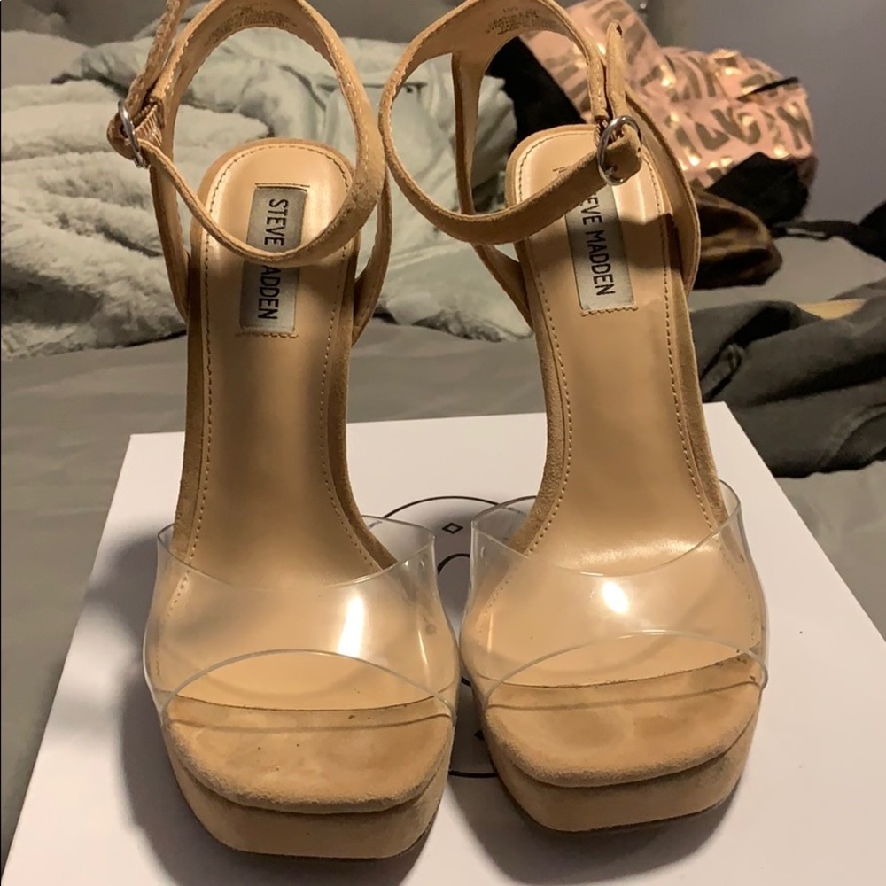 Nude Steve Madden heels with clear strap